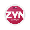 Pink nicotine pouch with "ZYN" branding and "Red Fruits" flavor, medium strength, for discreet vaping.